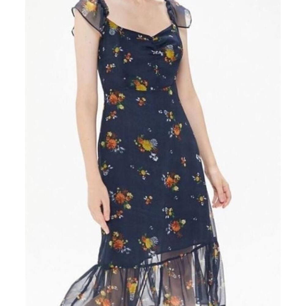 Urban Outfitters Midi Dress Women's 2 Navy Blue Floral Cap Sleeve Chiffon Y2K